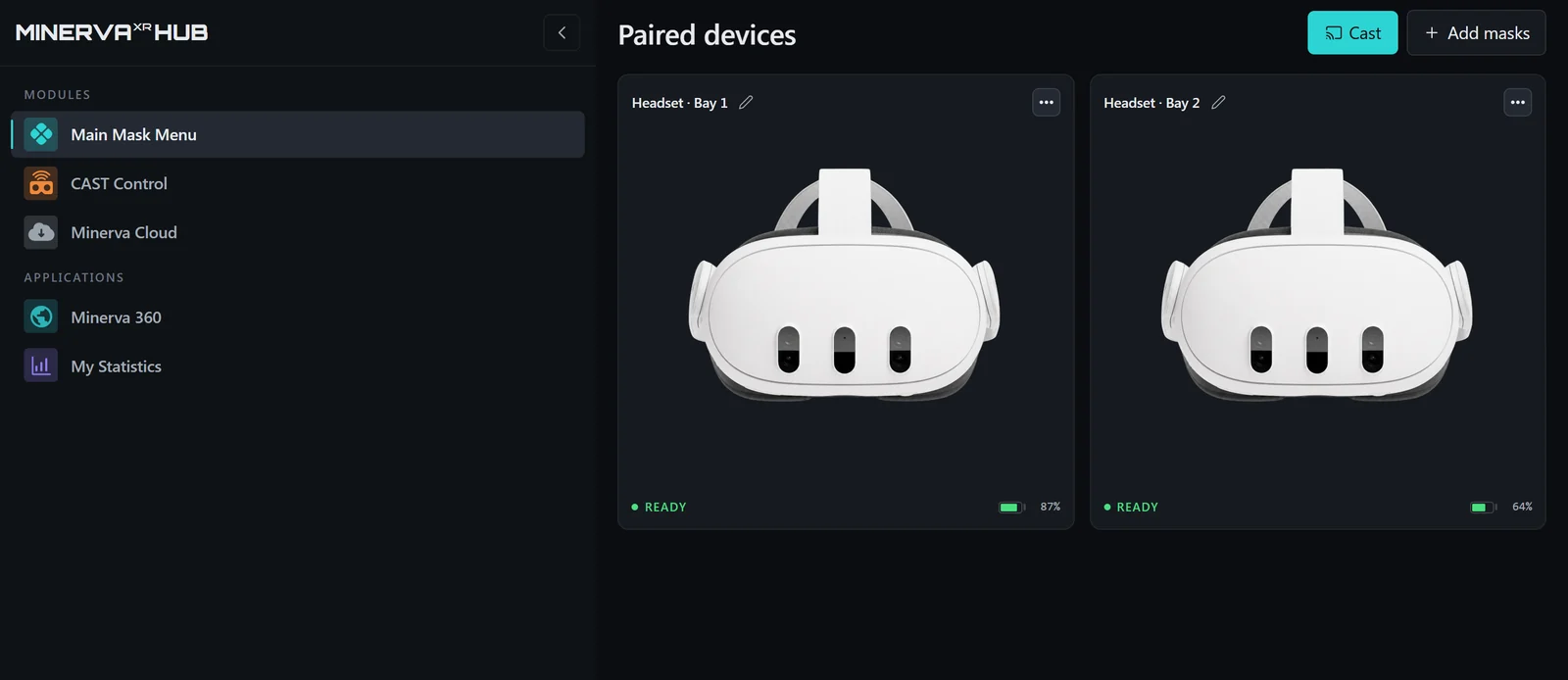 The Minerva Hub: a paired headset — Headset · Bay 1 — shown READY at 87% battery, with the Cast control alongside it.