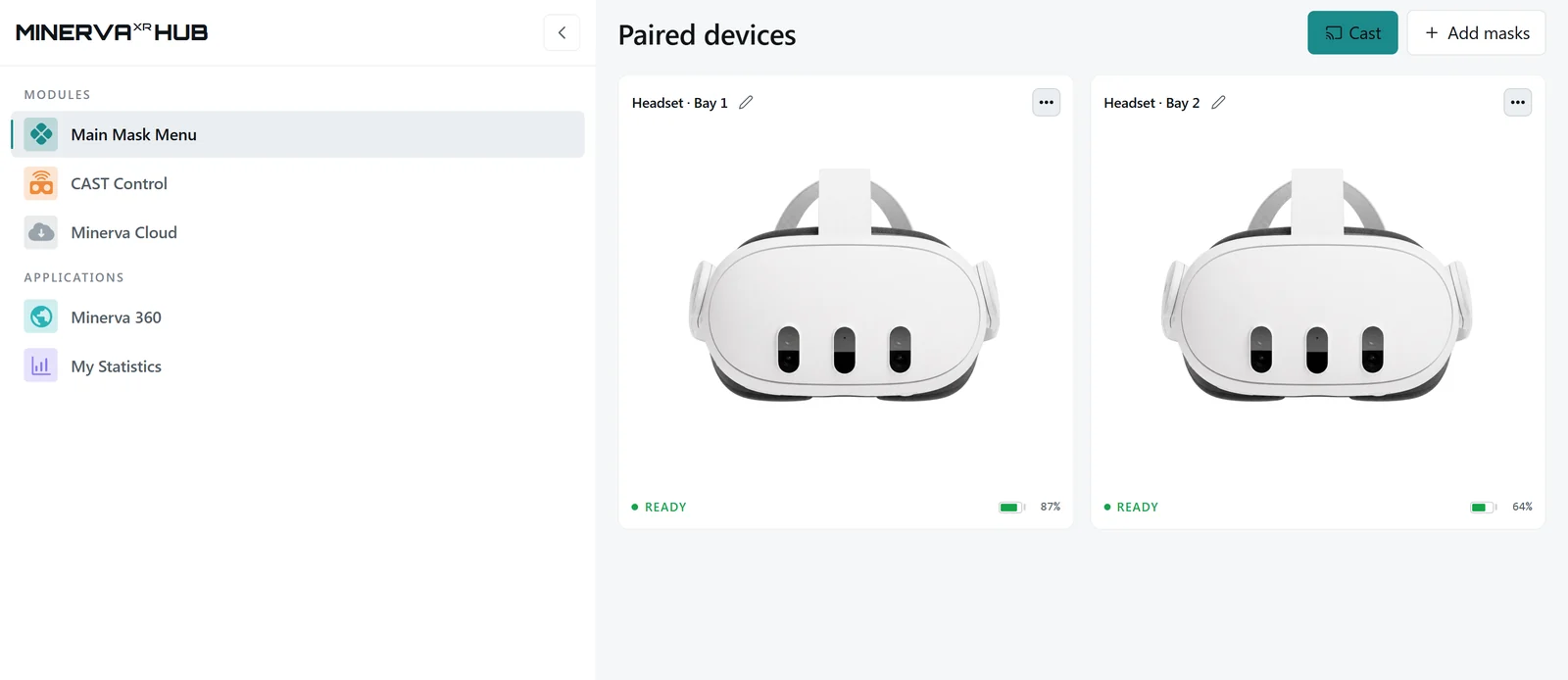 The Minerva Hub: a paired headset — Headset · Bay 1 — shown READY at 87% battery, with the Cast control alongside it.