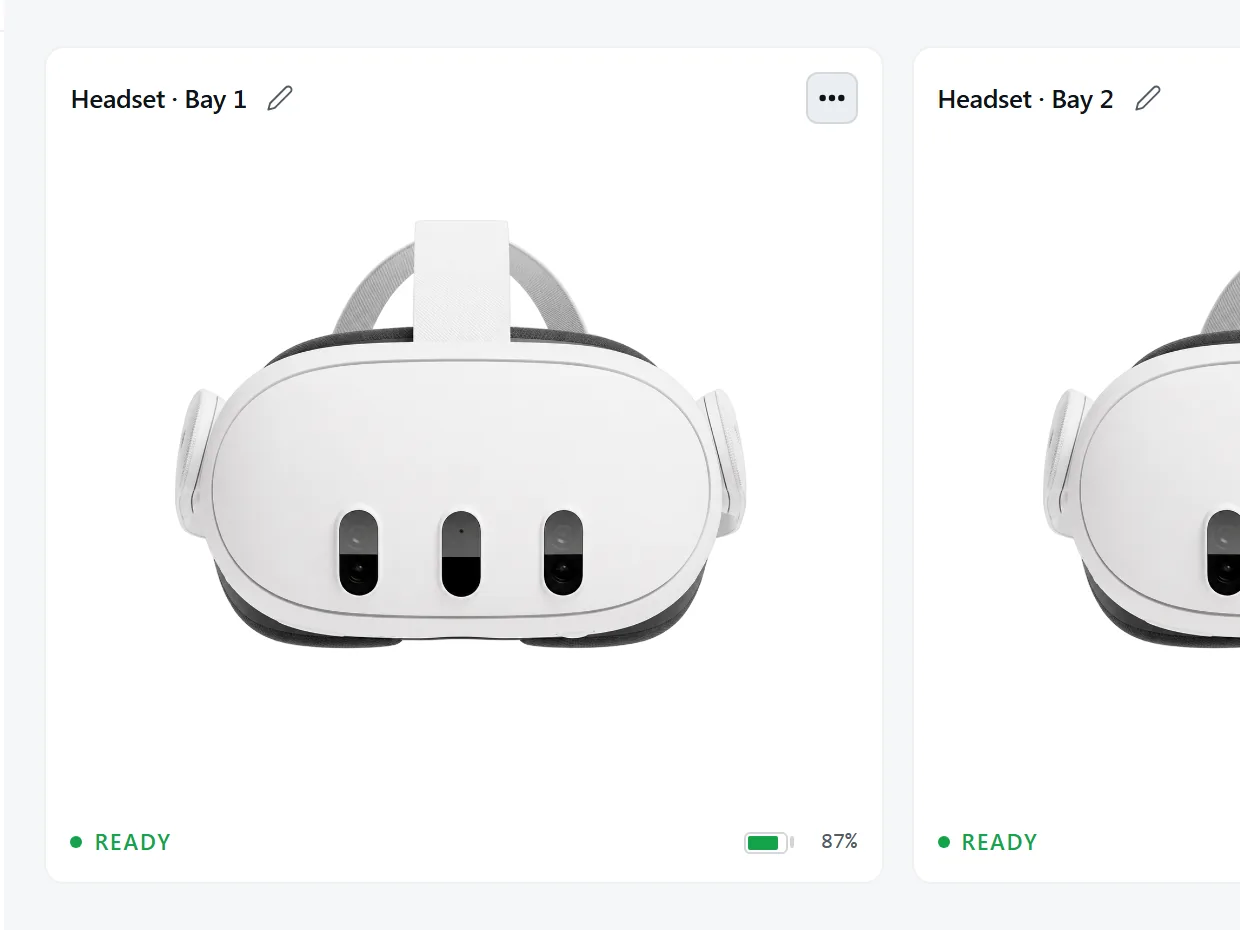 A paired headset in the Hub: Headset Β· Bay 1, marked READY at 87% battery.