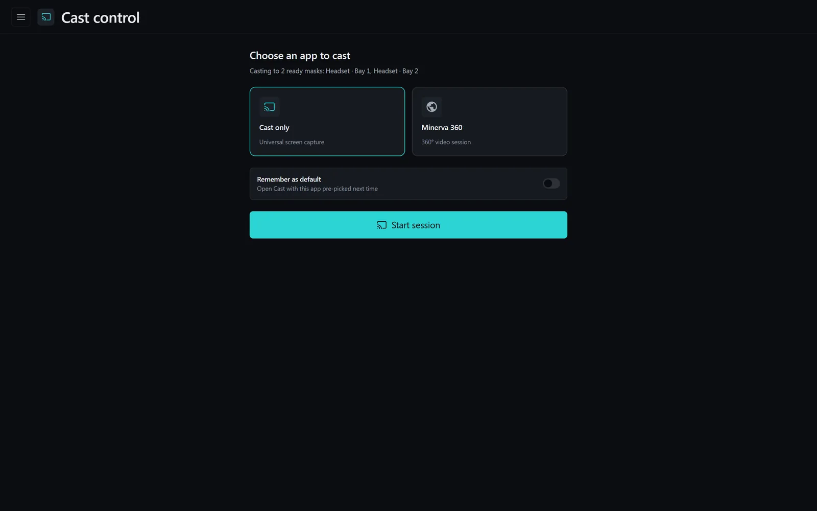 The Hubβs cast control: choosing an app to cast to two ready headsets, with a Start session button.
