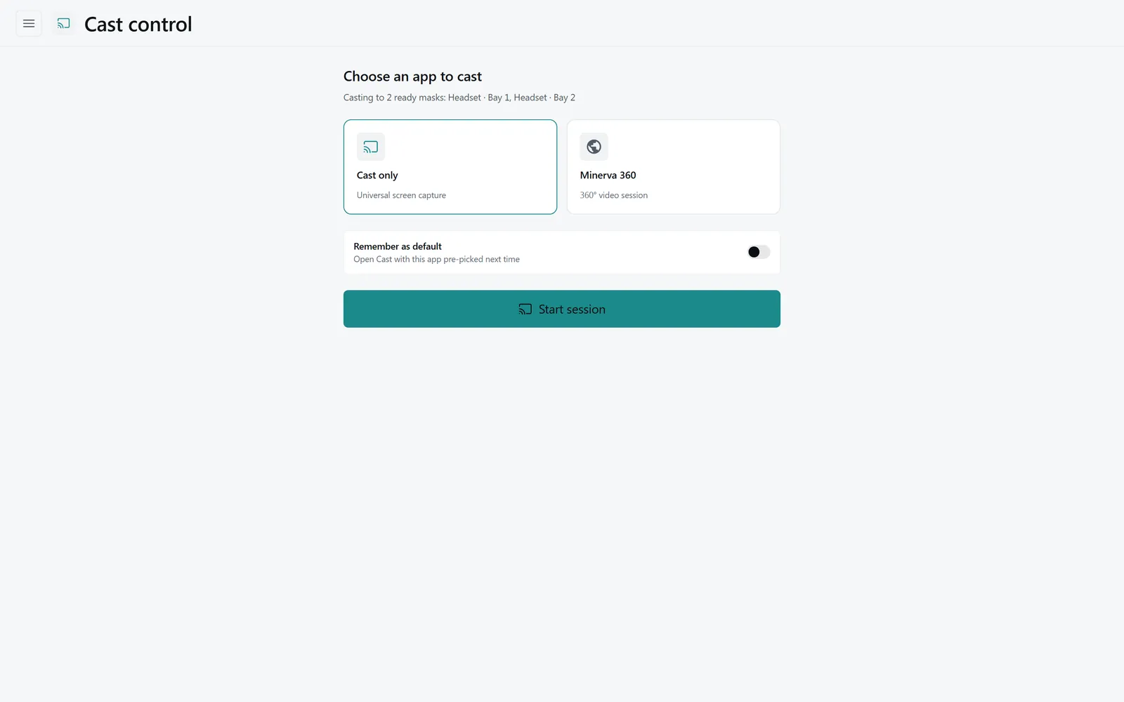 The Hubβs cast control: choosing an app to cast to two ready headsets, with a Start session button.