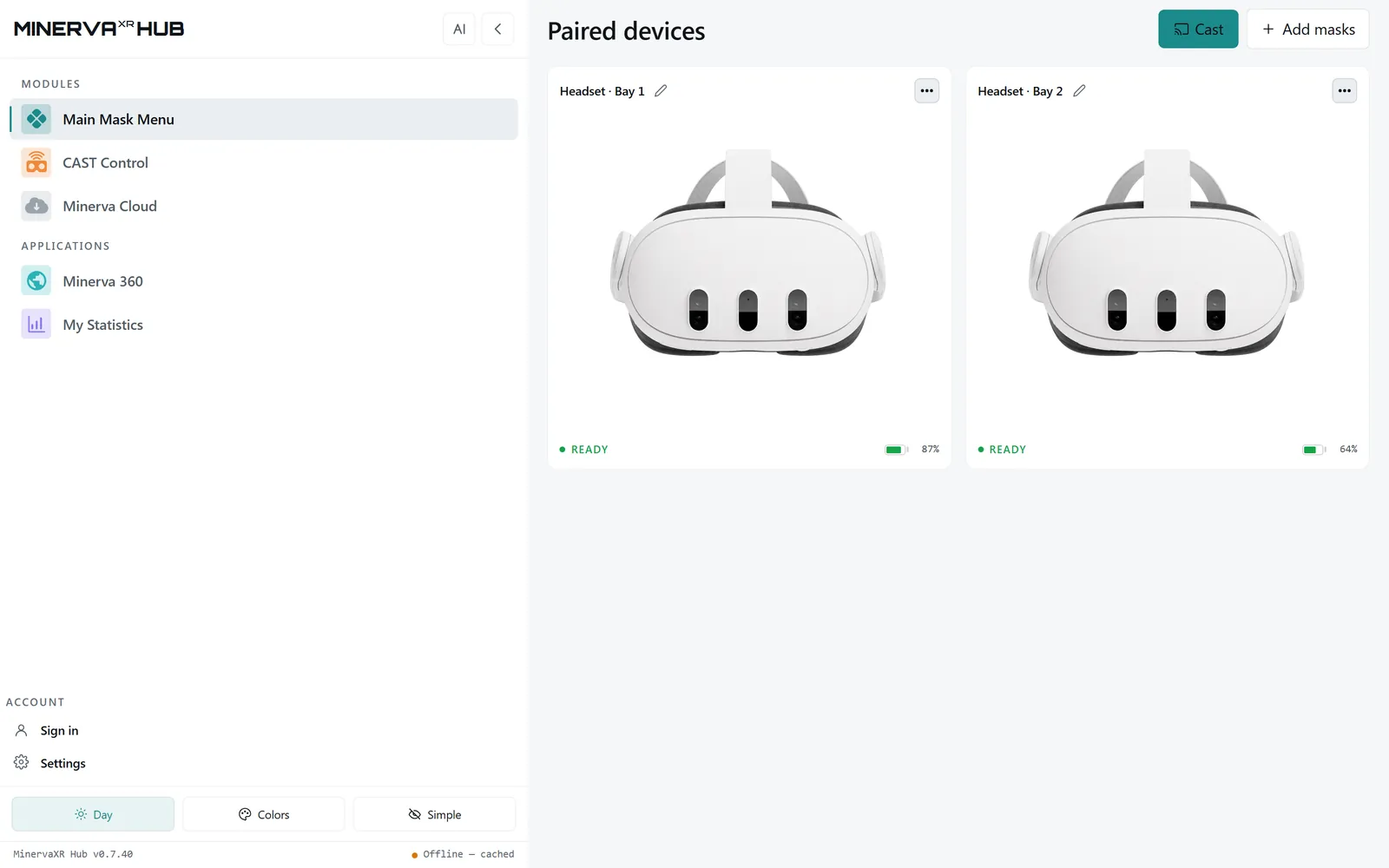 The Minerva Hub showing two paired headsets, each marked READY with its battery level.