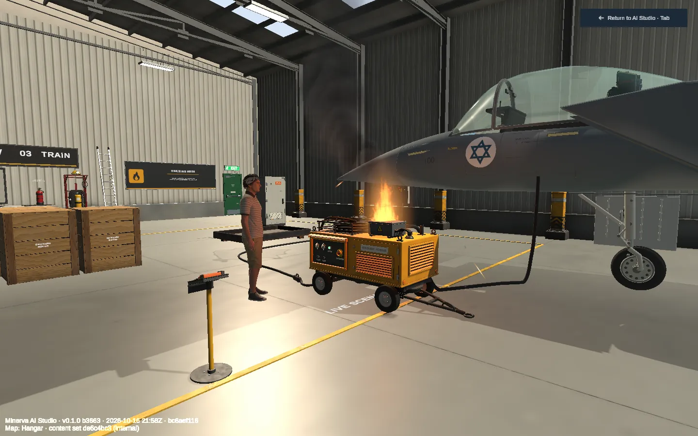 An original Minerva AI Studio emergency scenario: a ground-power cart burns beside an aircraft, with a virtual person nearby.