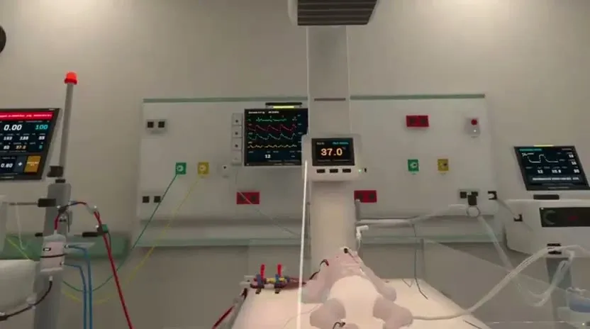 A first-person view inside a virtual clinical room, with a patient bed and treatment equipment.